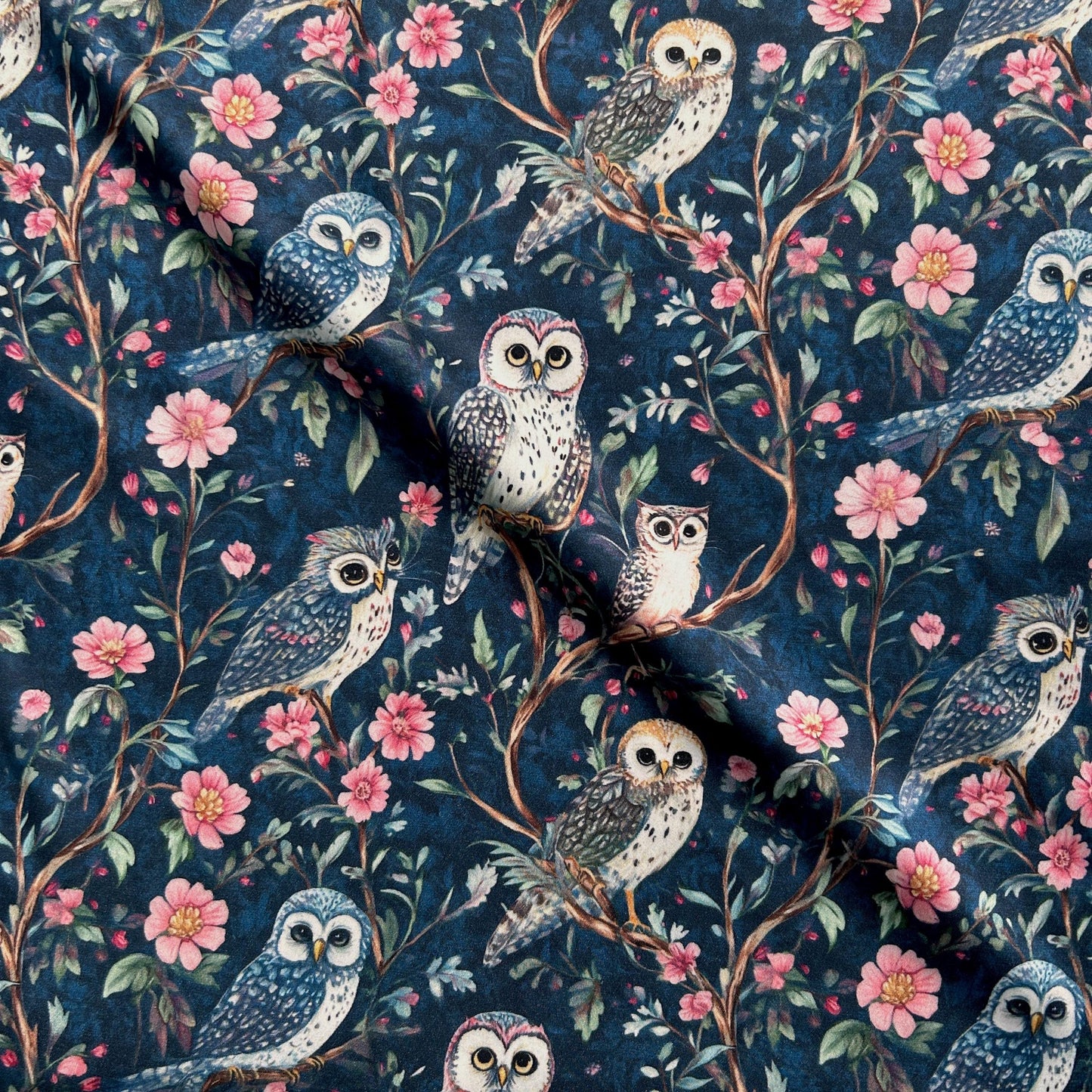 Moon garden. Night owl. Whimsical Owl Floral Fabric – satin by the Yard, Navy Woodland Print for fashion, Crafts & Cozy Home Decor