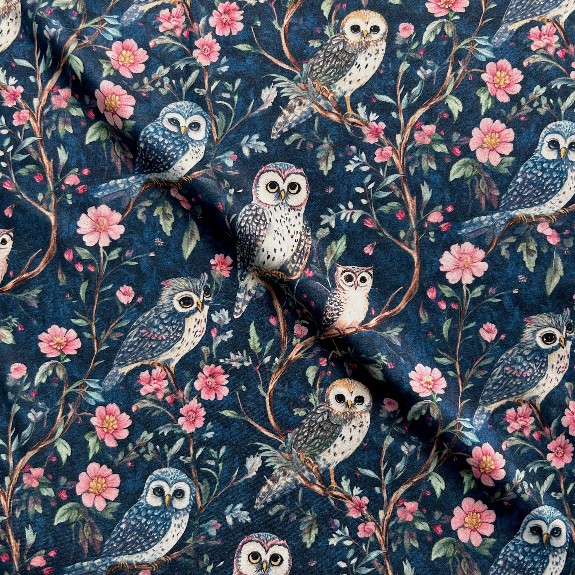 Moon garden. Night owl. Whimsical Owl Floral Fabric – satin by the Yard, Navy Woodland Print for fashion, Crafts & Cozy Home Decor